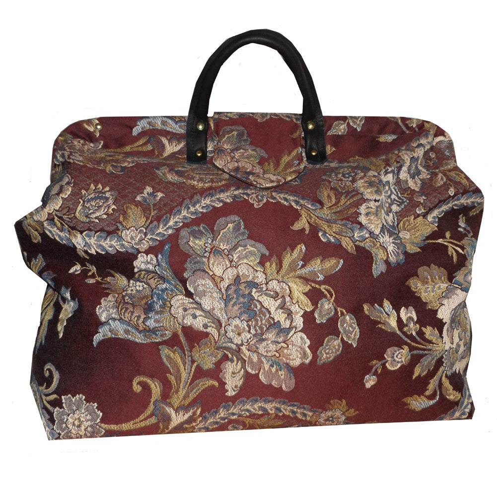 BLUE & WHITE FLORAL ON BURGUNDY WOVEN TAPESTRY CARPET BAG