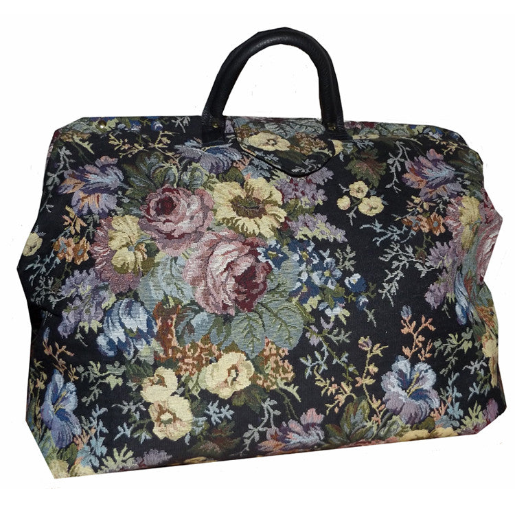 BLACK & MULTICOLORED FLORAL TAPESTRY CARPET BAG