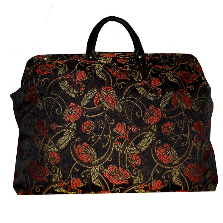 RED POPPIES ON BLACK SATEEN CARPET BAG