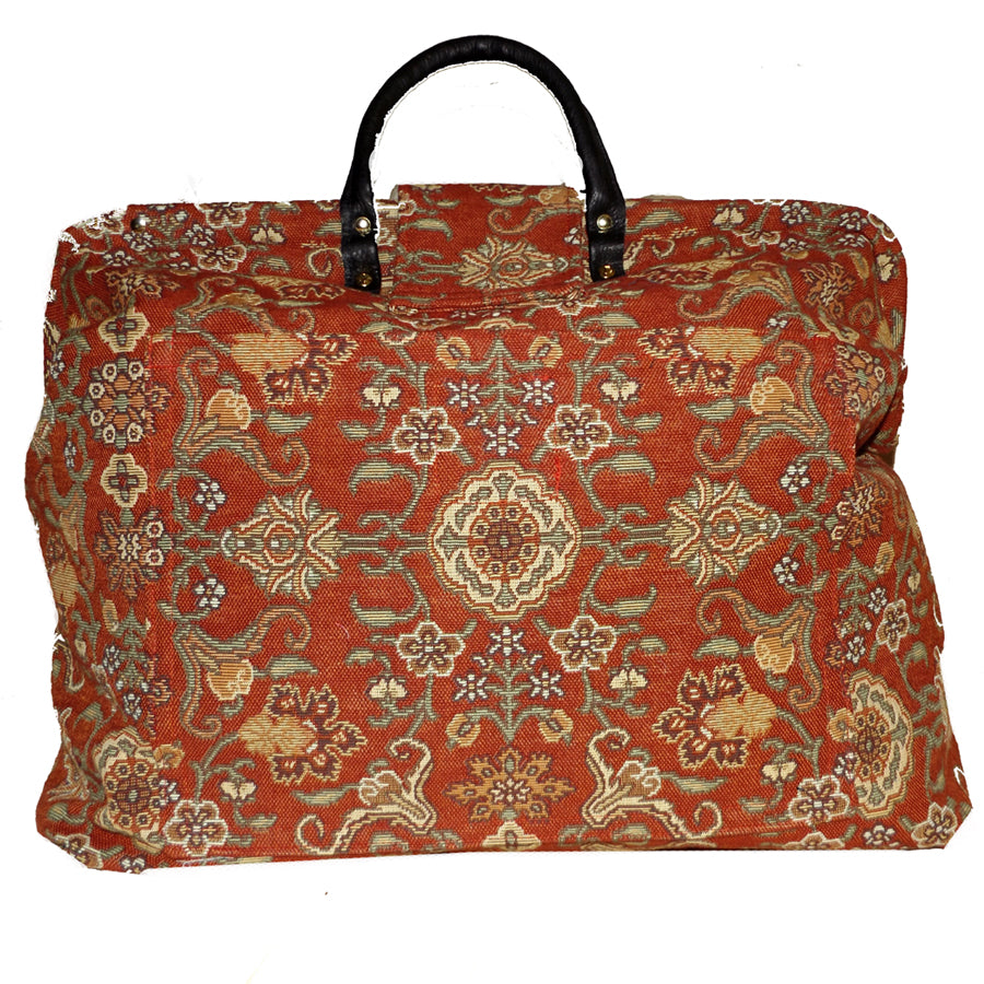 BRICK RED FLORAL MEDALLION TAPESTRY CARPET BAG