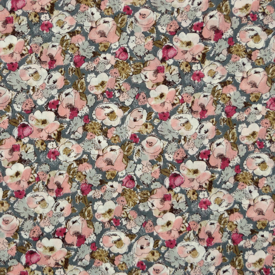 PINK & GRAY FLORAL 'LEILA' LIBERTY LAWN COTTON HANDKERCHIEF