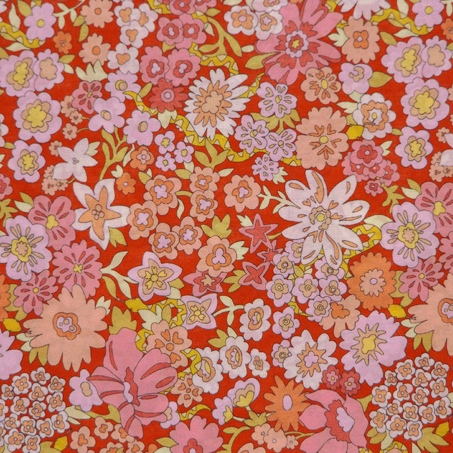 RED & MULTICOLOR FLORAL 'MYSTERY MEADOW' LIBERTY LAWN COTTON HANDKERCHIEF