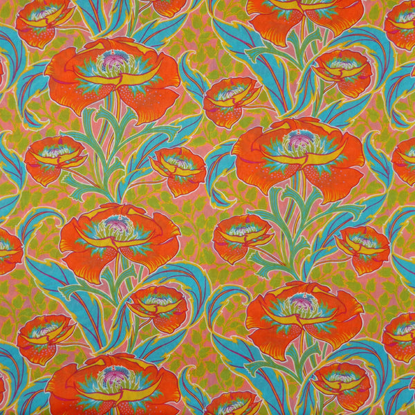 BRIGHT CORAL & MULTICOLOR FLORAL 'ROSETTI'S GARDEN' LIBERTY LAWN COTTON HANDKERCHIEF