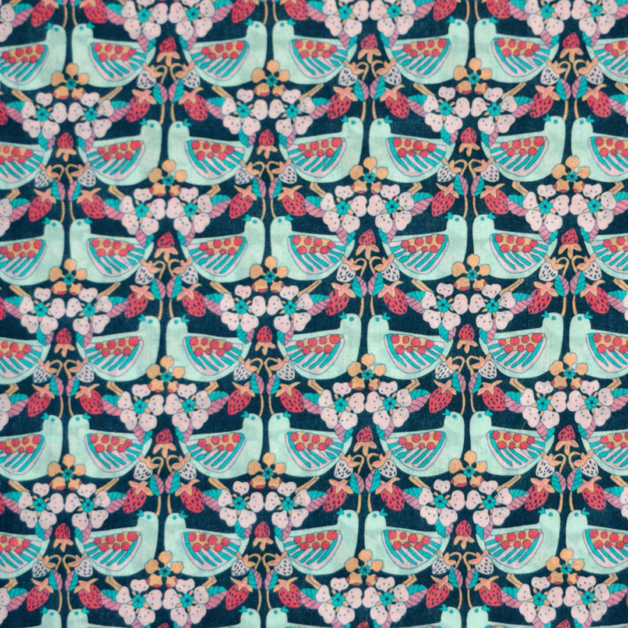 BLUE & MULTICOLOR 'STRAWBERRY FEAST' LIBERTY LAWN COTTON HANDKERCHIEF
