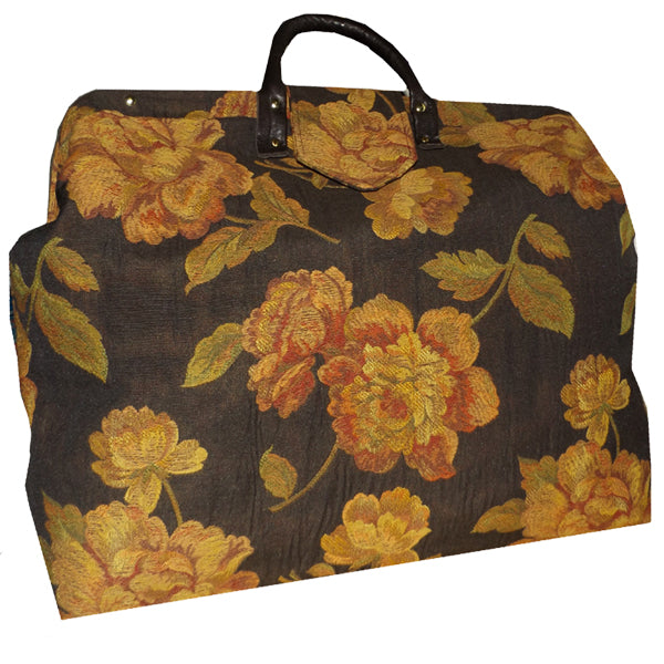 PEACHY RUSSET FLORAL ON CHOCOLATE BROWN WOVEN TAPESTRY CARPET BAG